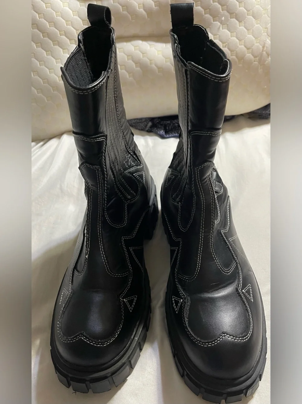 Women's Black Lug-Sole Chelsea Booties with Contrast Stitch